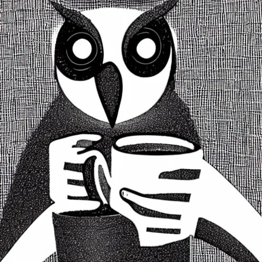 Prompt: black and white comic of a humanoid owl drinking a coffee mug
