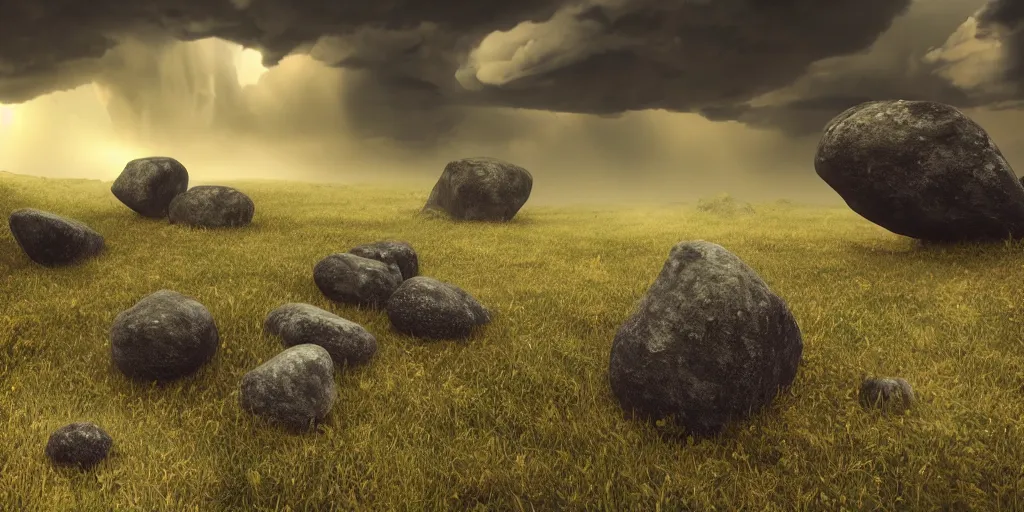 Image similar to Photorealistic epic landscape with magically floating rocks, with ominous storm clouds, strange levitating stones, stones falling from the sky, a gentle rising mist. photorealism, UHD, amazing depth, glowing, golden ratio, 3D octane cycle unreal engine 5, volumetric lighting, cinematic lighting, cgstation artstation concept art