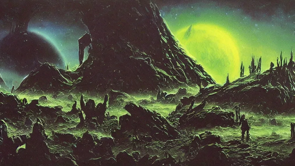 Image similar to eerie atmospheric alien planet empire by jack gaughan and bob eggleton and chris moore, epic cinematic matte painting