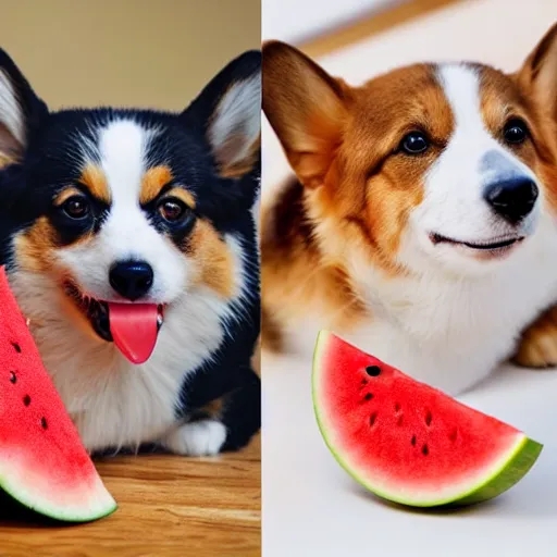 Prompt: a happy corgi eating watermelon while sad cat watches