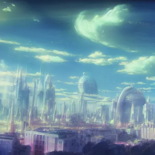 Image similar to pastel, baroque utopian cityscape in the sky, sci-fi, dreamlike, surreal, angels, soft lights, cinematic, 8k, by Ghibli,