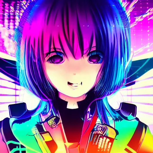 Prompt: anime girl's head exploding into colors, cyberpunk glitchcore synthwave art, award-winning,