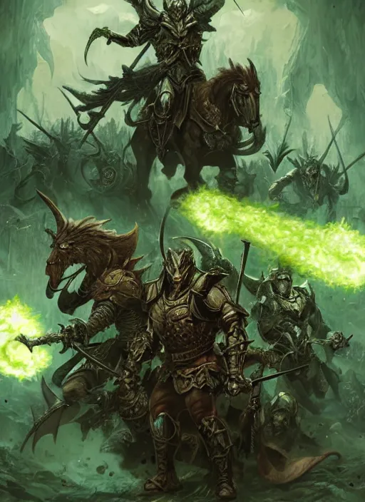 Image similar to 1 white knight fighting alone against an entire army of demons, green fire, intricate, highly detailed, digital painting, artstation, concept art, sharp focus, Dungeons and Dragons art, art by ralph horsley and greg rutkowski