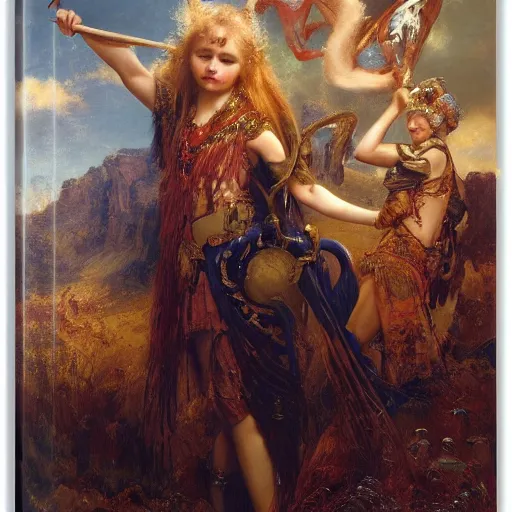 Image similar to full length portrait of a victorious young girl covered in blood in a golden light standing over a moutain of skulls, black background, highly detailed painting by gaston bussiere and j. c. leyendecker 8 k