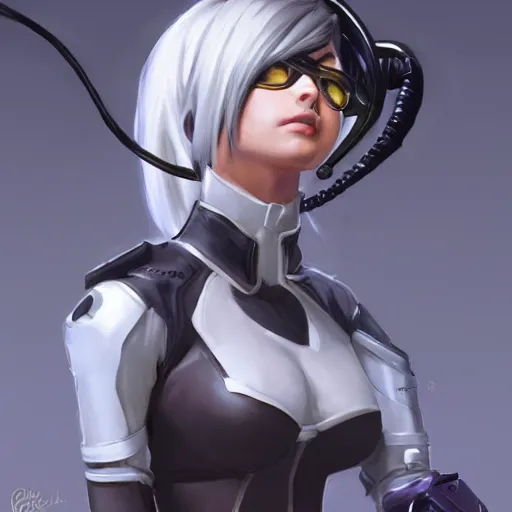 Prompt: a highly detailed beautiful portrait of tracer from overwatch as 2 b nier automata wearing a skintight suit!!, concept art, detailed, detailed face, by gregory manchess, james gurney, james jean, trending on artstation, artstationhq, artstationhd