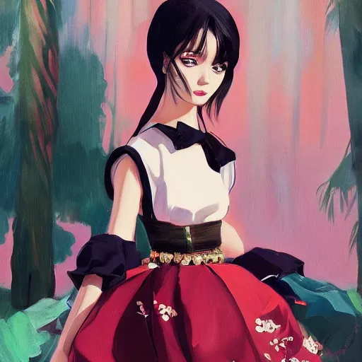 Prompt: vogue magazine, instagram fashion, ilya kuvshinov, john singer sargent, oil painting, mexican day of the dead, shaft anime key visual, trending on artstation, crop top, cloud forest, stone arch, intricate