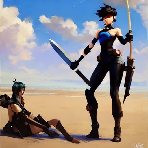 Image similar to greg manchess painting of tracer from overwatch as 2 b nier automata on the beach holding a sword, organic painting, sunny day, matte painting, bold shapes, hard edges, street art, trending on artstation, by huang guangjian and gil elvgren and sachin teng