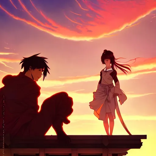 Image similar to digital anime art in the style of netflix arcane, beautiful gorgeous female shinobi sitting on an old oriental roof at sunset, wlop, alphonse mucha, greg rutkowski, ilya kuvshinov, backlit