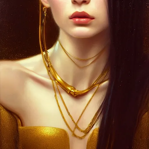 Image similar to Portrait of a beautiful pale skin Eastern European female with long black hair, dark eyes, elegant clothing, photorealistic, highly detailed, artstation, smooth, sharp focus, gold ornaments, neon lighting, sci-fi, art by Klimt, artgerm, Greg Rutkowski and Alphonse Mucha