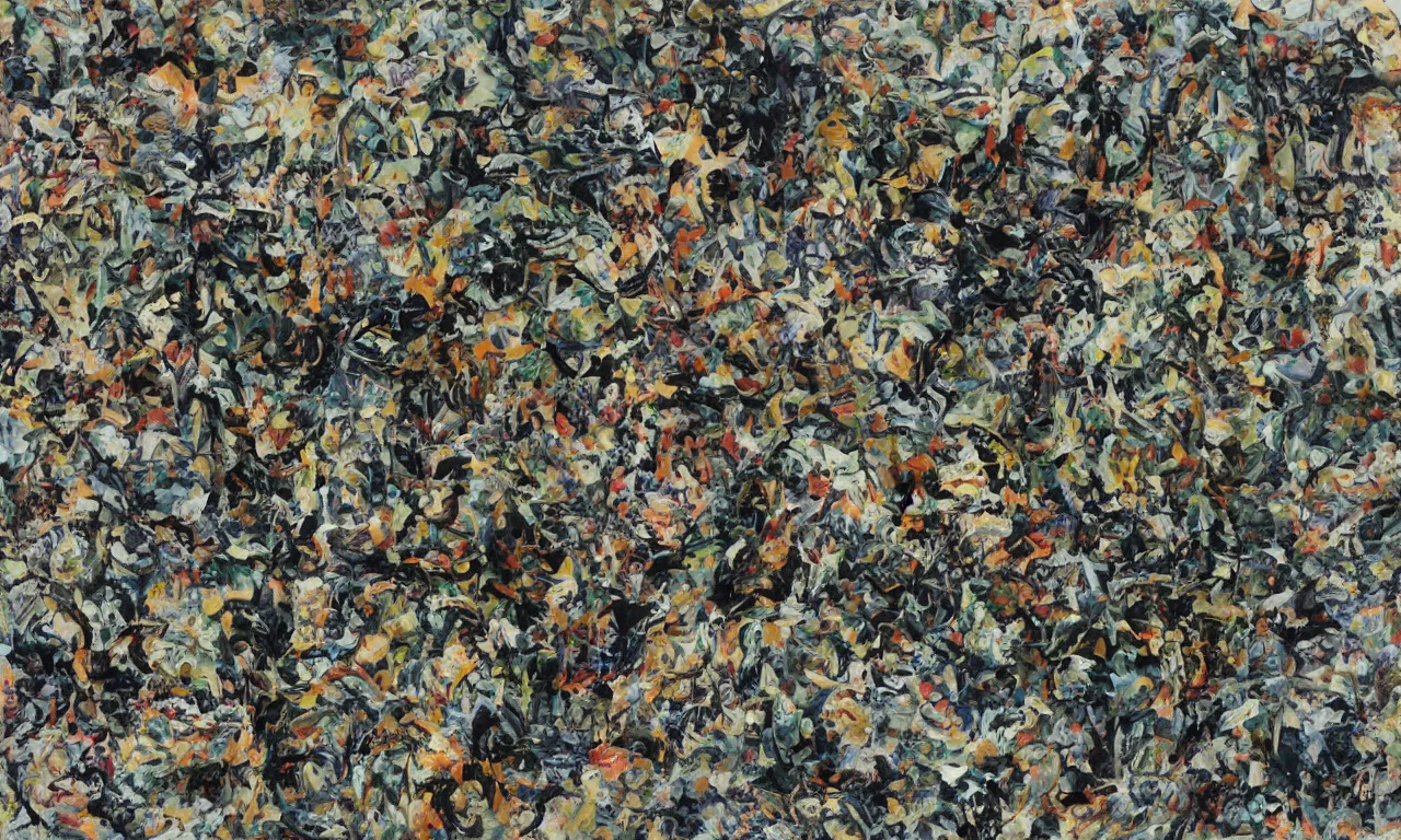 Prompt: cornucopia tick-tock, jackson pollock, oil on canvas