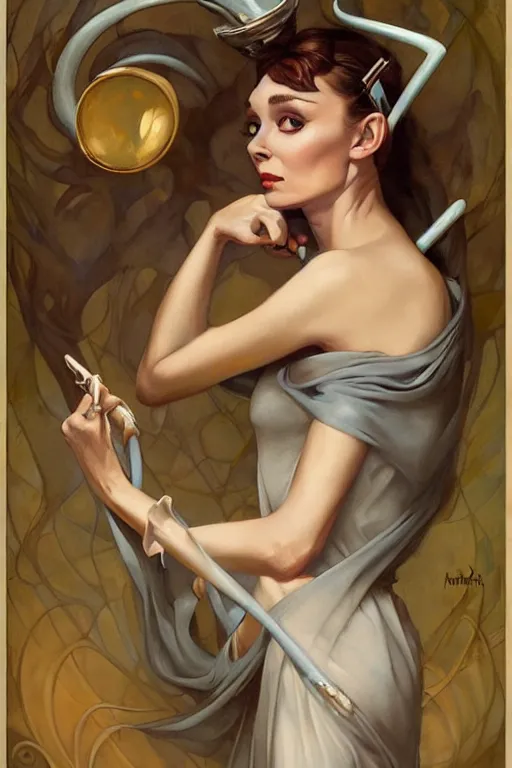 Image similar to Audrey Hepburn by Peter Mohrbacher in the style of Gaston Bussière, Art Nouveau