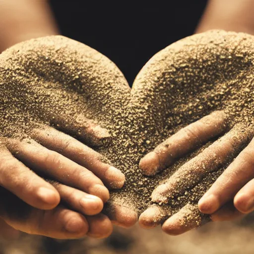 Prompt: a pair of hands holding a face made of sand