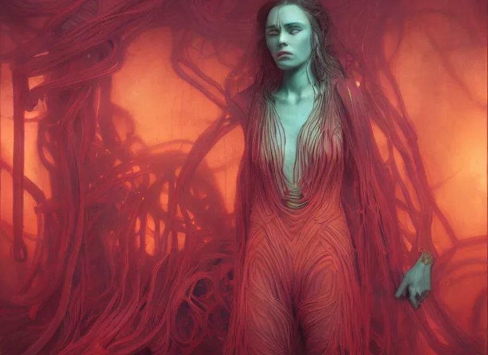 Image similar to Portrait Masterpiece, Wanda Maximoff, furious, red and cyan, glowing, wires everywhere, by Edgar Maxence and Ross Tran, Zdzisław Beksiński, and Michael Whelan, distant, gustav dore, H.R. Giger, 8k, octane render