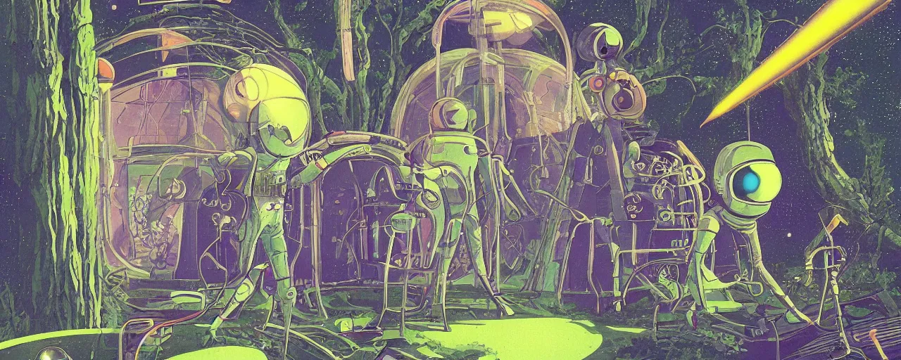 Image similar to a portrait of pilot aliens in spacesuit on field forrest spaceship station landing laying lake artillery outer worlds in FANTASTIC PLANET La planète sauvage animation by René Laloux