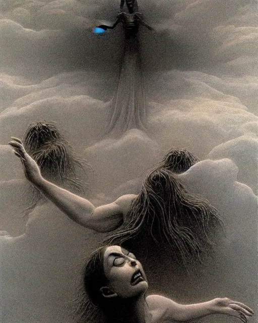 Image similar to a person conjuring!!! an image!!! from a cloud of noise!!!, by gerald brom, zdzisław beksinski, and larry elmore, intricate, chaotic, fantasy realism, hopeful, volumetric lighting