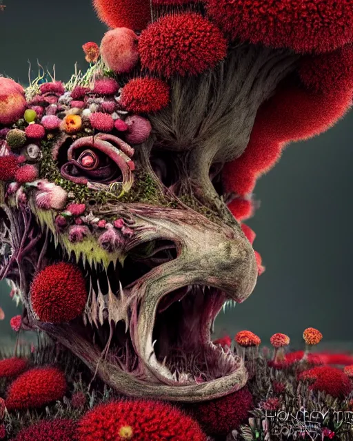 Image similar to a extremely disturbing horror photograph of a fantasy creature made out of nature and flowers and fungus, intricate, hyperrealism, sharp focus, cinematography, highly detailed, octane render, horror cgi 4 k, matte, photograph by professional photographer