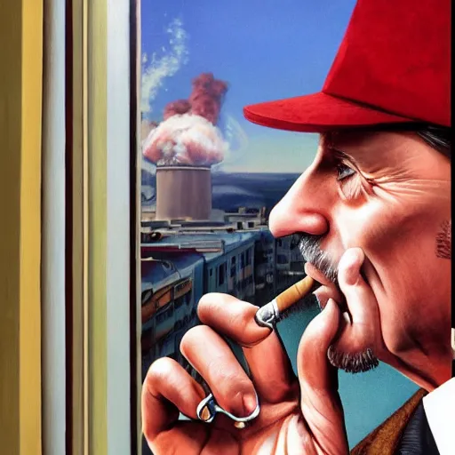 Prompt: Mr. House, realistic, highly detailed face, looks at the nuclear explosion, from the window of the Lucky 38 Casino, man smokes a cigar, ! holding in his Hand !, arm, cigarette advertising, hyperdetailed, artstation trending, ultra HD, artstation, photorealism, ultrarealistic, retro, 45mm, elegant,