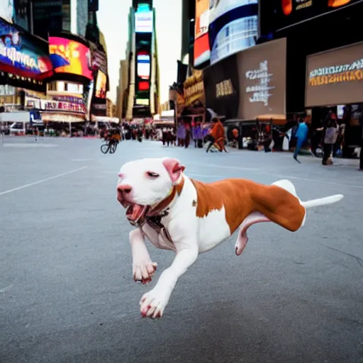 Prompt: photo of a white and brown pitbull riding a skateboard in times square