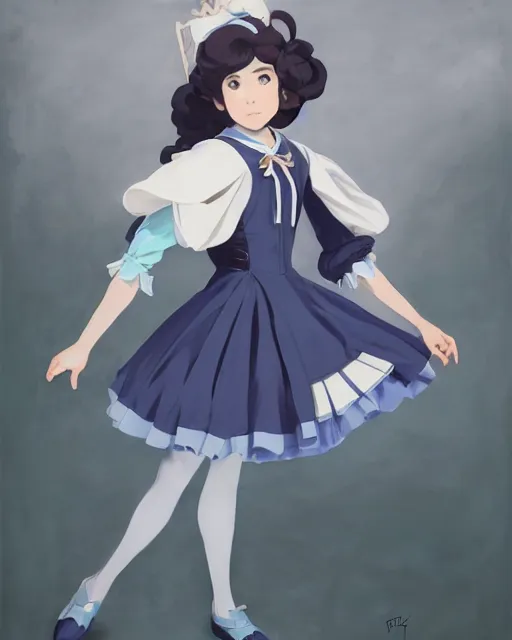 Image similar to late renaissance magical academy girl school uniform with coat, pale cyan and grey fabric, jodhpurs greg manchess painting by sargent and leyendecker, studio ghibli, fantasy, medium shot, asymmetrical, intricate, elegant, matte painting, illustration, hearthstone, by greg rutkowski, by greg tocchini, by james gilleard, by joe fenton