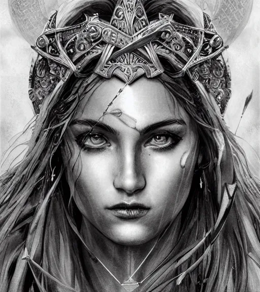 Image similar to beautiful aphrodite goddess wearing an arrow on her head, realistic face, beautiful eyes, black and white drawing, in the style of greg rutkowski, fantasy, amazing detail, epic, intricate, elegant, smooth, sharp focus