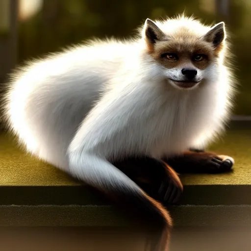 Prompt: fox as a monkey as a cat, fluffy white fur, extremely long tail, award winning creature portrait photography, extremely detailed, artstation, 8 k, sensual lighting, incredible art, wlop, artgerm