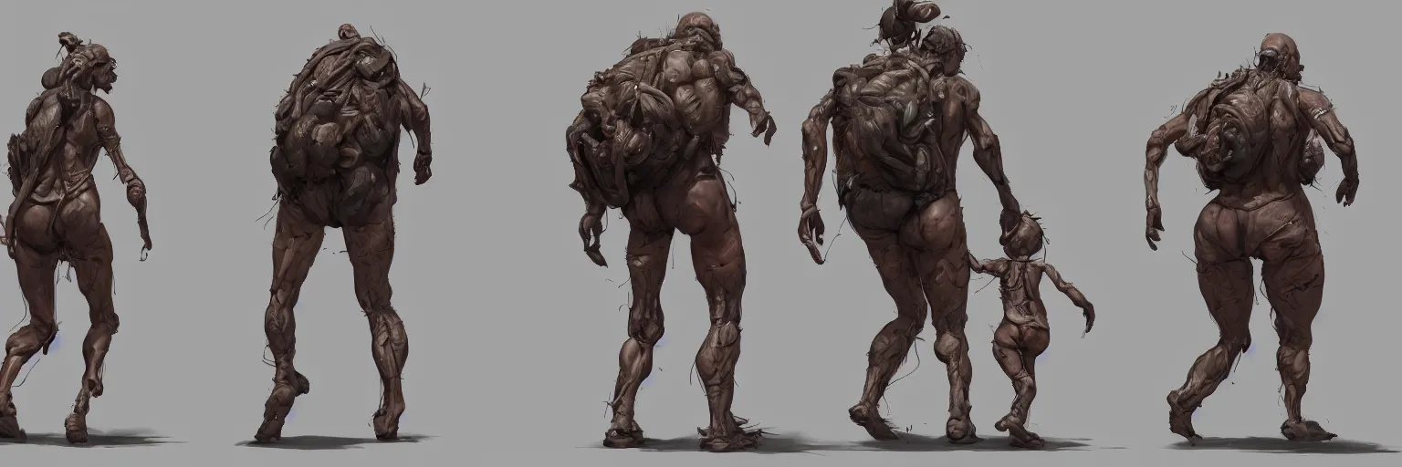 Image similar to family walk cycle, realistic deformed family walking while wearing a thong, character sheet, fine details, concept design, contrast, kim jung gi, greg rutkowski and francis bacon, trending on artstation, 8 k, full body and head, turnaround, front view, back view, ultra wide angle