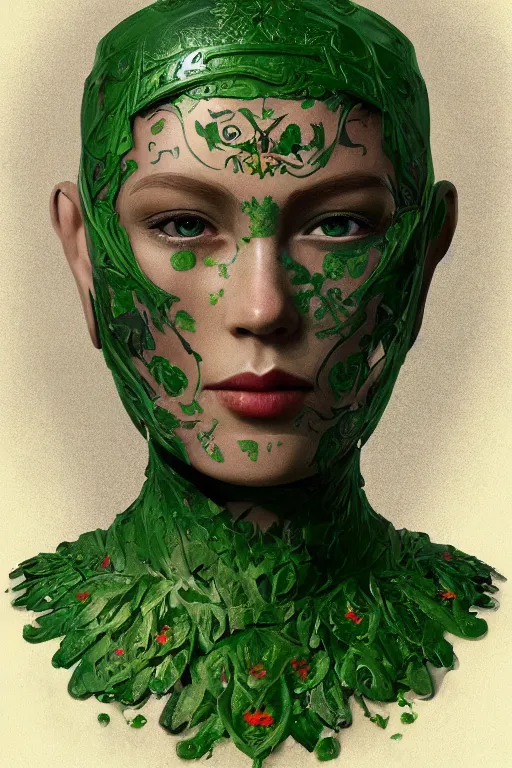 Prompt: portrait of beautiful young mainem, warhammer, russian style, cyber armor, a lot of more scars, more and more flowers, green head, the middle ages, highly detailed, artstation, illustration, art by rene magritte, 8 k quality