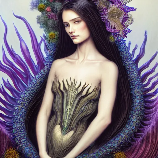 Prompt: facial portrait of a young pretty woman in flowing dress, arrogant, long fine flowing hair, delicate, looking at camera, slightly awkward smile, realistic face, hands behind back, stylish, elegant, grimdark fantasy, flowers, extremely detailed painting inspired by Gerald Brom and Ernst Haeckel and Kaluta, studio lighting