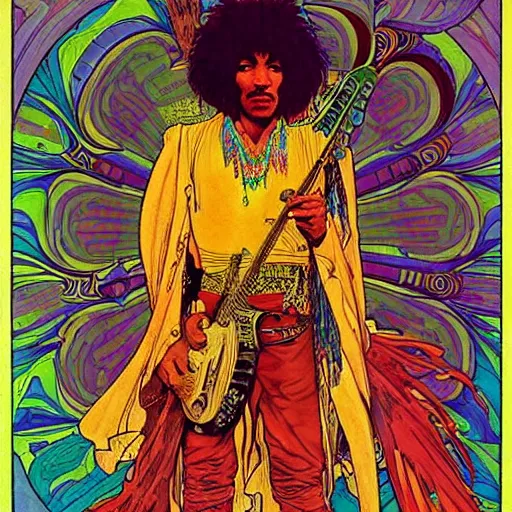 Prompt: “colorfull artwork by Franklin Booth and Alphonse Mucha and Moebius showing a portrait of Jimi Hendrix as a futuristic space shaman”