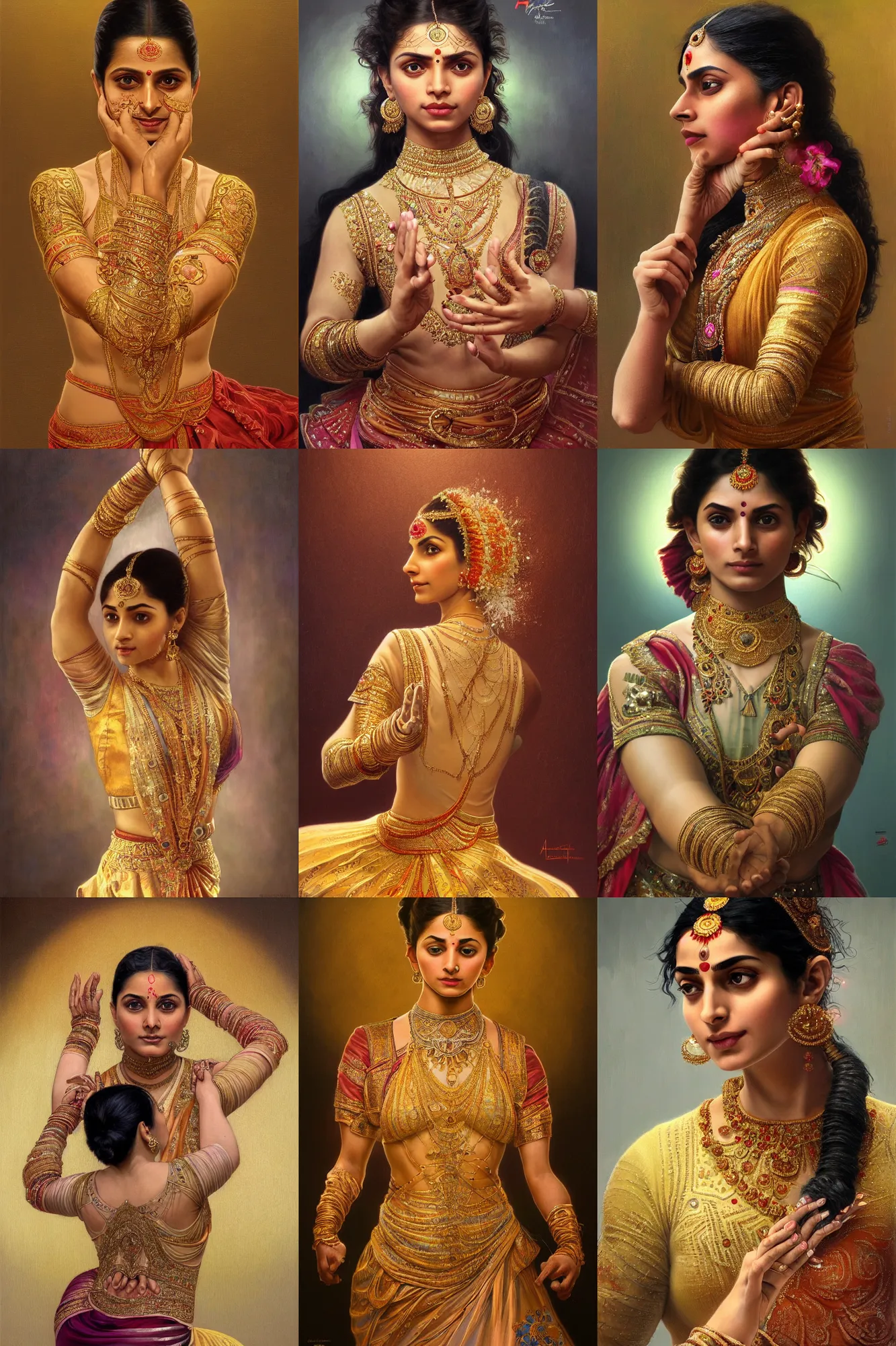 Prompt: a stunning ultrarealistic illustration of an indian kathak dancer with robotic implants on the face, very detailed, deep depth of focus, intricate, headshot, portrait, 3 5 mm lens, golden ratio composition, studio lighting, artstation, 8 k, highly coherent, by artgerm, alphonse mucha and tom bagshaw