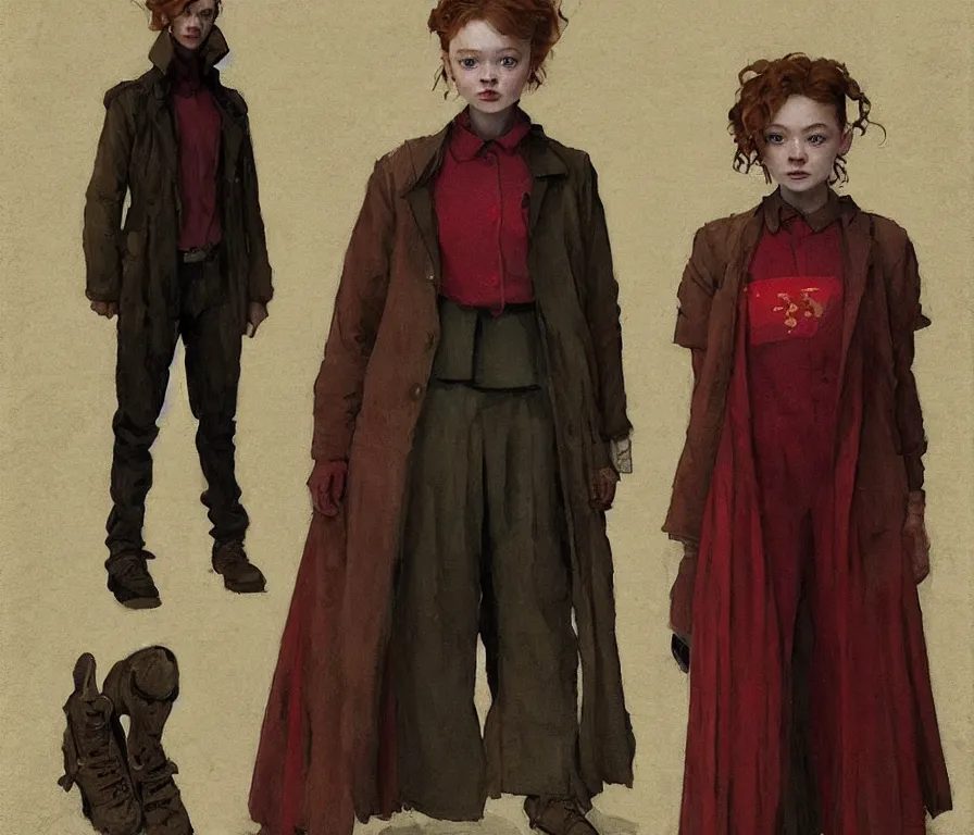 Prompt: sadie sink dressed as poor soviet student : costume concept for a scifi cyberpunk film. by greg rutkowski, john j. park, jason chan, noah bradley, feng zhu, gintas galvanauskas, gustave courbet, rosa bonheur, edward hopper. sharp focus, cinematic atmosphere, detailed and intricate, perfect anatomy