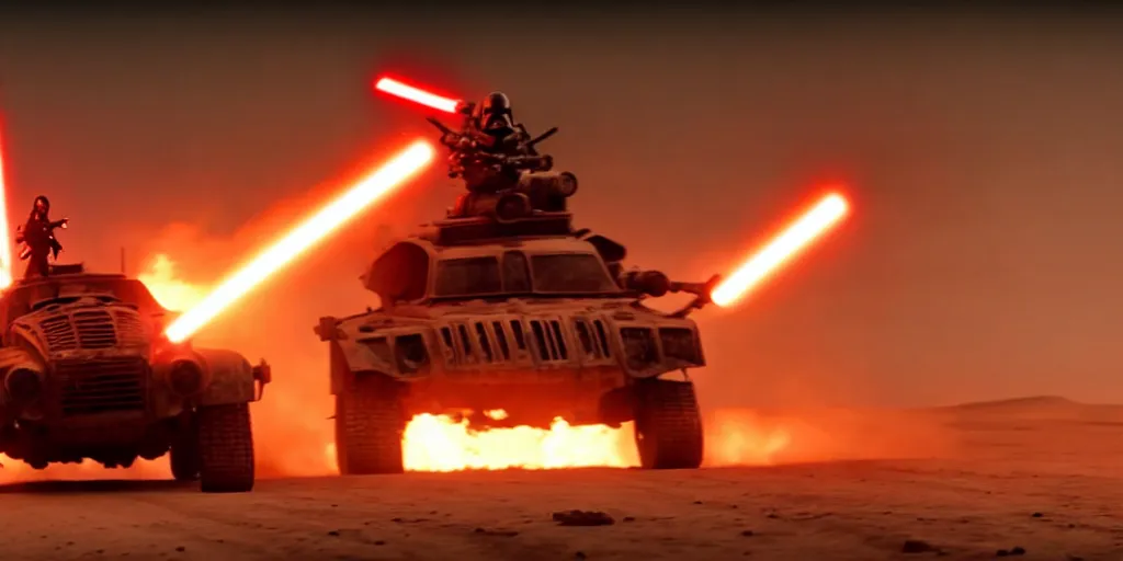 Image similar to a symmetrical, medium shot of Darth Vader standing on a driving armored post apocalyptic battle car in the desert and firing a flamethrower, Mad Max Fury Road, film still, sandstorm, fire, highly realistic, center frame, spikes, flags, dust, 4K anamorphic, sun beams