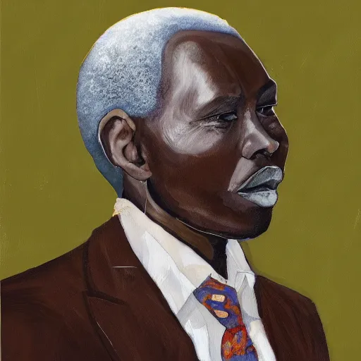 Image similar to a painting of a lovely father with wide forehead, round face, XXL , loving, caring, generous, ever-present, humble, wise elder from Kenya in a suit by Wangechi Mutu . Fatherly/daddy, focused, loving, leader, relaxed,. ethereal lights, details, smooth, sharp focus, illustration, realistic, cinematic, artstation, award winning, rgb , unreal engine, octane render, cinematic light, macro, depth of field, blur, red light and clouds from the back, highly detailed epic cinematic concept art CG render made in Maya, Blender and Photoshop, octane render, excellent composition, dynamic dramatic cinematic lighting, aesthetic, very inspirational, arthouse.