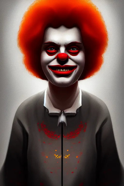 Prompt: a portrait of intergalactic ronald mcdonald, grim - lighting, high - contrast, intricate, elegant, highly detailed, digital painting, artstation, concept art, smooth, sharp focus, illustration