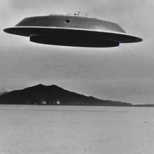 Image similar to a picture of an ufo above navy in the war, black and white, 1 9 4 0's