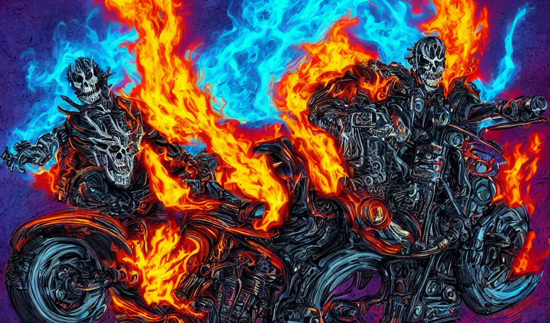 Prompt: ghost rider in the hell, epic pose, pastel, colorful, bright, cartoony,, digital art