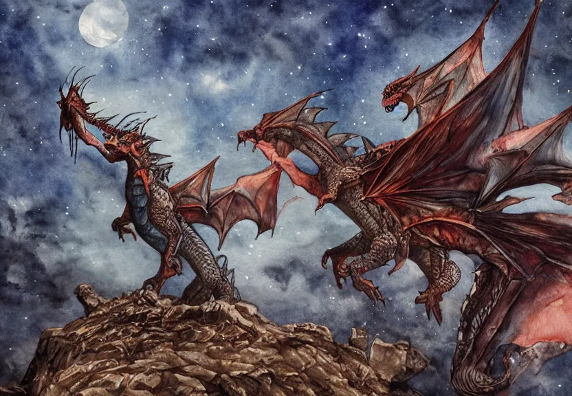 Prompt: dragon with possum head flying over a medieval castle under a dark starred sky, dark fantasy, watercolor, dreaming illusion, highly detailed, 4k, trending on Artstation, award-winning