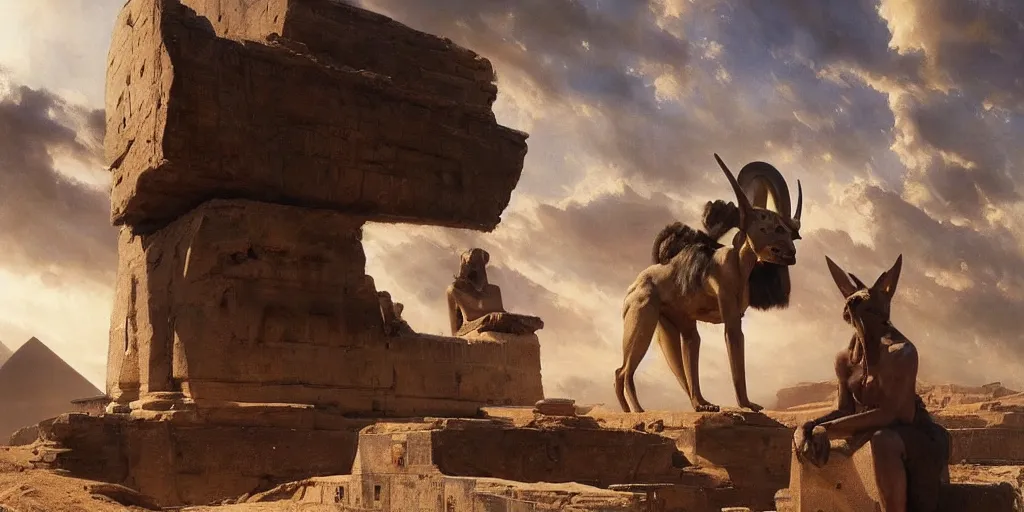 Image similar to beautiful landscape oil matte painting, of ancient egyptian giant satue of anubis, art by anders zorn, wonderful masterpiece by greg rutkowski, beautiful cinematic light, american romanticism, by thomas lawrence, greg rutkowski