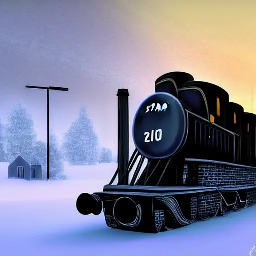 Prompt: a futuristic black steam train and a giant mammoth, post - apocalyptic ice landscape with heavy snow, digital art