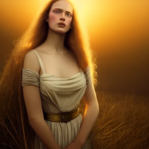 Image similar to photographic portrait of a stunningly beautiful female renaissance germanic pagan, in soft dreamy light at sunset, god rays, contemporary fashion shoot, by edward robert hughes, annie leibovitz and steve mccurry, david lazar, jimmy nelsson, breathtaking, 8 k resolution, extremely detailed, establishing shot, artistic, hyperrealistic, perfect face, octane render