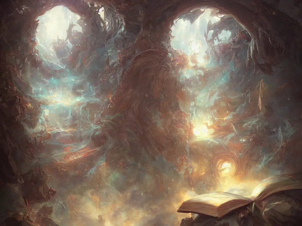 Image similar to detailed painting of a magical book that is a portal to a fantasy realm by Krenz Cushart, fantasy, dramatic light