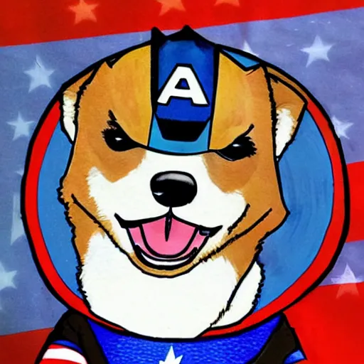 Image similar to corgi dressed as captain america, comic, professional art