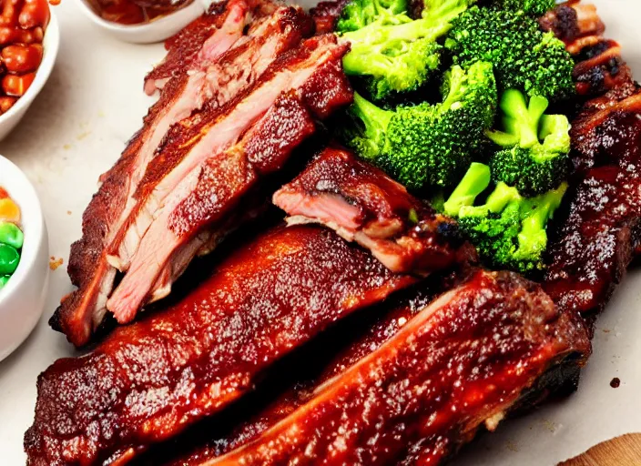 Image similar to dslr food photograph of a rack of ribs with a side of broccoli and baked beans of candy, 8 5 mm f 1. 8