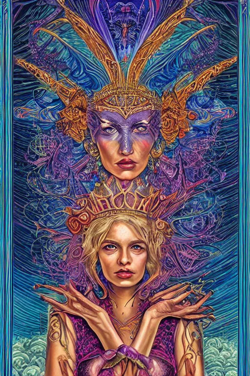 Image similar to beautiful tarot card of the queen of dreams by carol bak and dan mumford and alex grey, oil on canvas, intricate, border, symmetrical, portrait, 8k highly professionally detailed, HDR, CGsociety