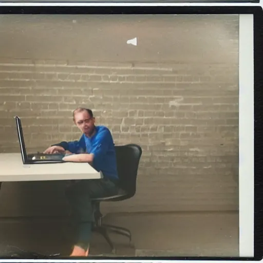 Image similar to a polaroid photo of man using a laptop inside in warehouse, he sitting on chair and small table, photo from behind