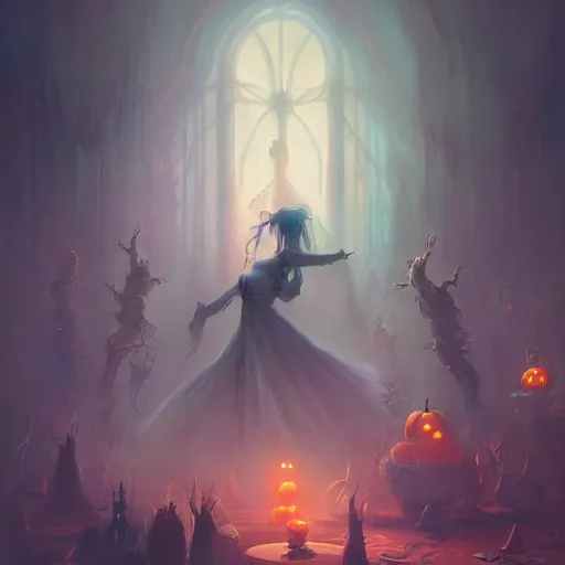 Image similar to Ghostly Apparitions Dancing in the Ballroom, Halloween, Autumn Night, 8k resolution matte fantasy painting, cinematic lighting, DeviantArt, Artstation, Jason Felix Steve Argyle Tyler Jacobson Peter Mohrbacher