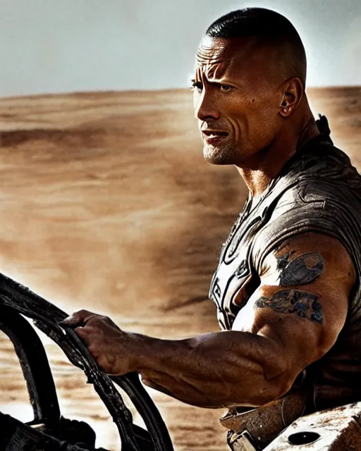 Image similar to film still close up shot of dwayne johnson as max rockatansky in the movie mad max. photographic, photography