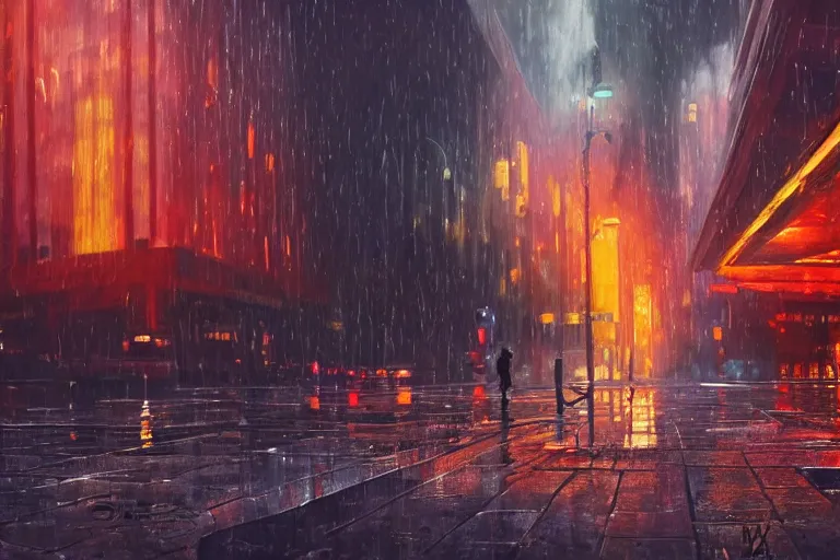 Prompt: oil painting of a lone pigeon in a futuristic city on fire, raining, 4 k, detailed, realistic, gritty