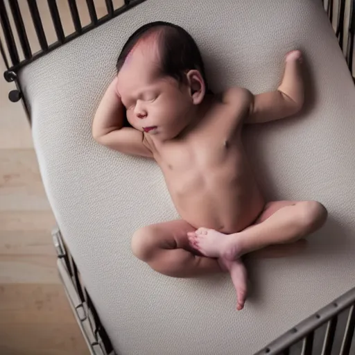 Prompt: huge muscles bodybuilder baby sleeping in a crib, newborn picture, barrel chested, rippling muscles, huge veins, bulging muscles, ripped, award winning photography, high detail