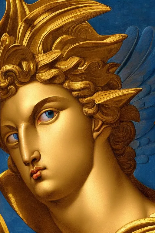 Image similar to archangel Michael, angry face, closeup, ultra detailed, made in gold, Guido Reni style